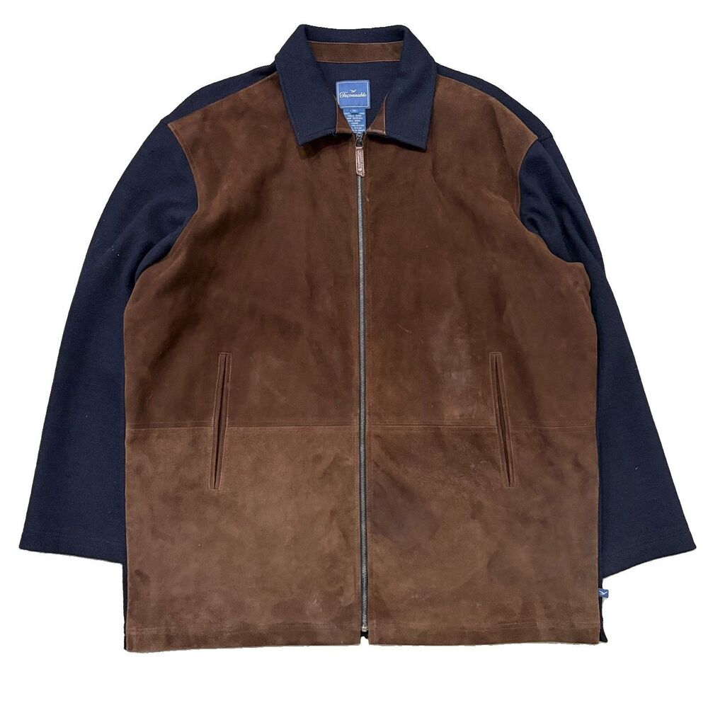 Faconnable Mens Goat Leather Wool Sleeve Jacket Size XL Brown Navy